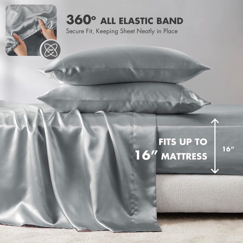 Madison Park Essentials Satin Sheet Set Luxury and Silky with Natural Sheen, Elastic 14" Pocket fits up to 16" Mattress, All Around Elastic - Year-Round Bedding, King, Grey, 6 Piece - Image 5